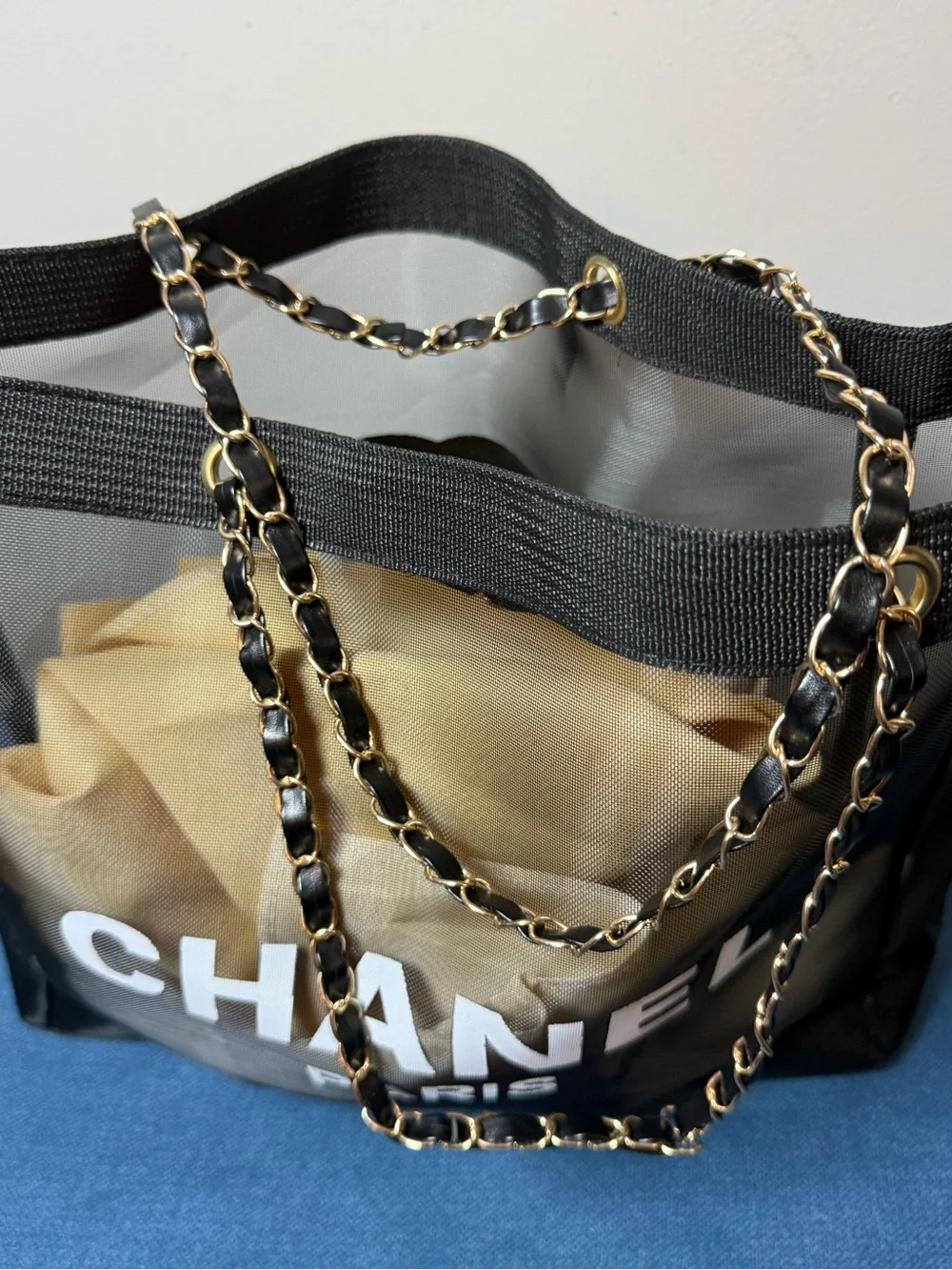 designer fashion black and white C Mesh Shopper shoulder Tote bag new
